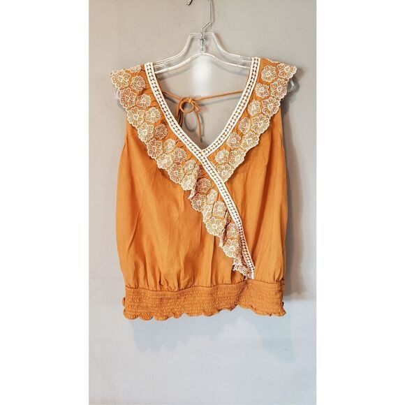 Broadway 38 Top Womens Yellow Gold Embroidered V Neck Boho Size lg - Picture 1 of 3